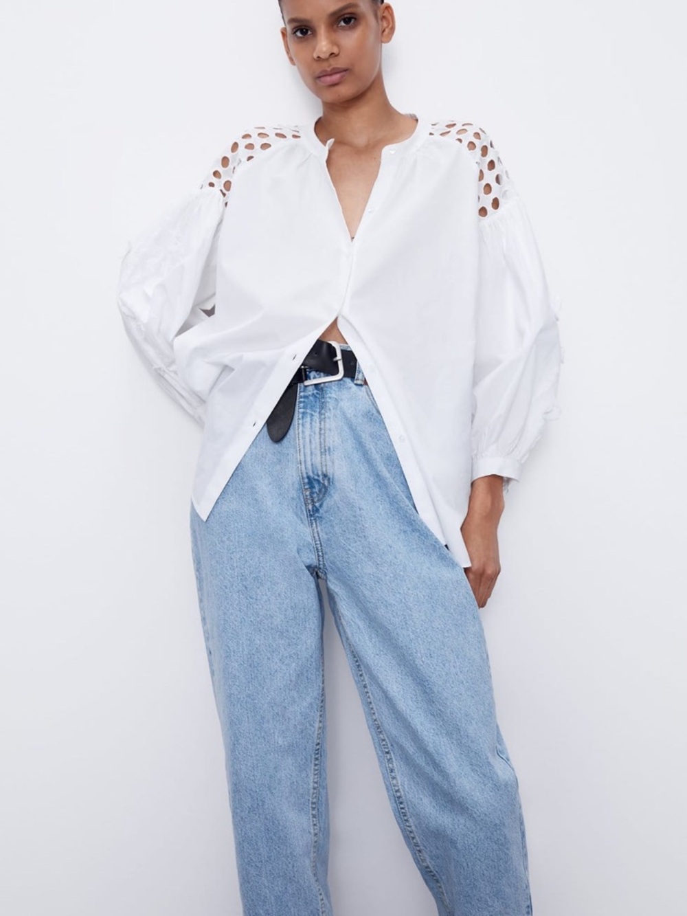 Zara Rare 2020 3D Floral Applique & Eyelet White Poplin Shirt